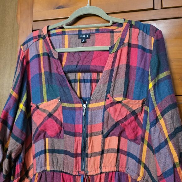 Torrid Plaid Dress Size 2 Orange Blue Zip Pockets Roll Sleeves Cinch Waist - Picture 6 of 9